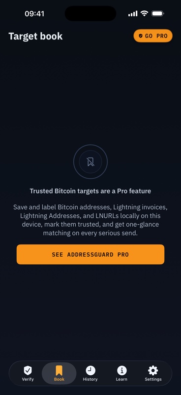 AddressGuard Pro gate for saved trusted Bitcoin addresses