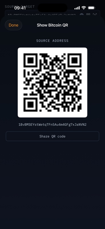AddressGuard QR generation sheet for a source Bitcoin address