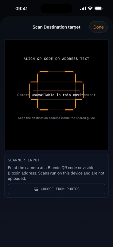 AddressGuard Bitcoin address scanner overlay on iPhone