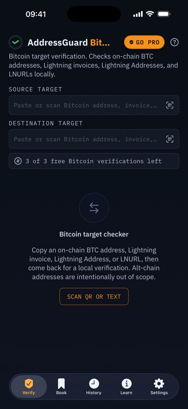 AddressGuard verification screen ready for source and destination Bitcoin addresses