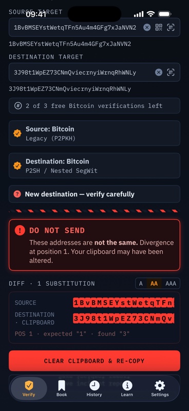 AddressGuard showing a Bitcoin address mismatch warning before sending