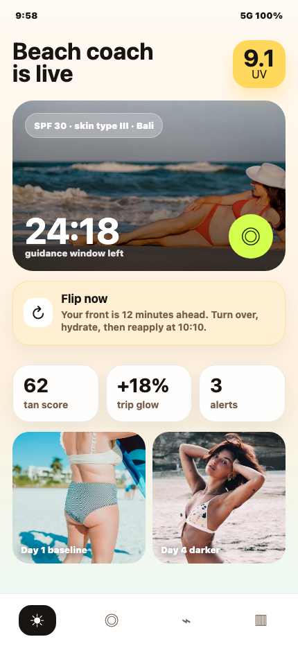 GlowGuard live coach screen with UV, SPF, timer, and tan score
