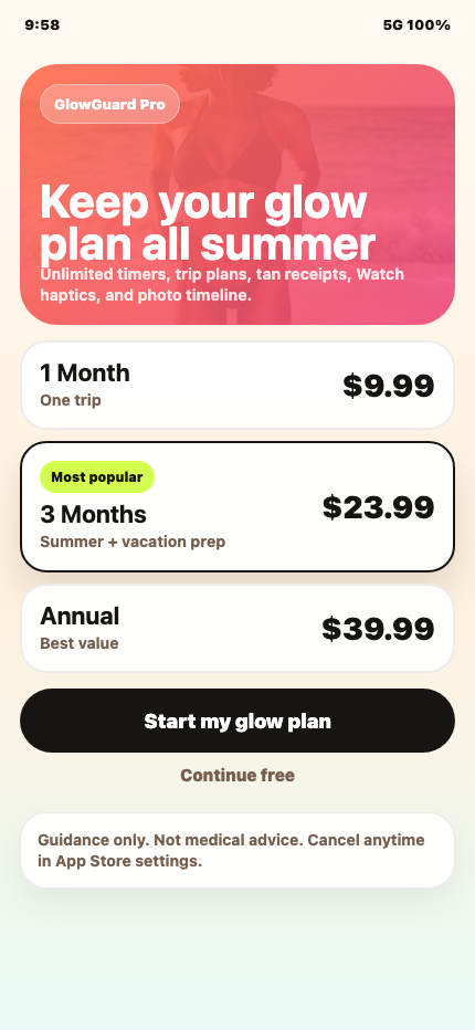 GlowGuard Pro paywall with three month summer plan