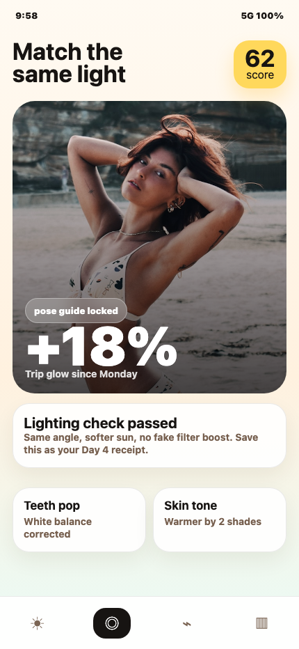 GlowGuard progress screen with same-pose scan and glow analytics