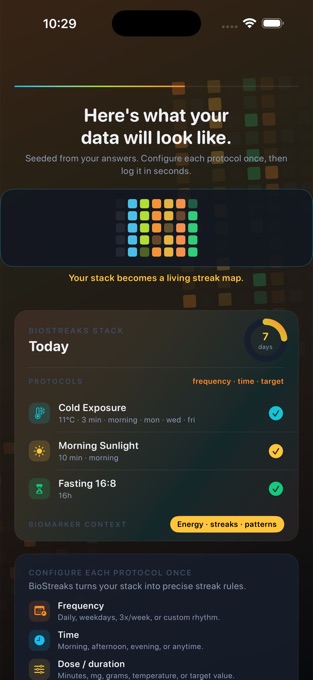BioStreaks protocol stack configuration screen